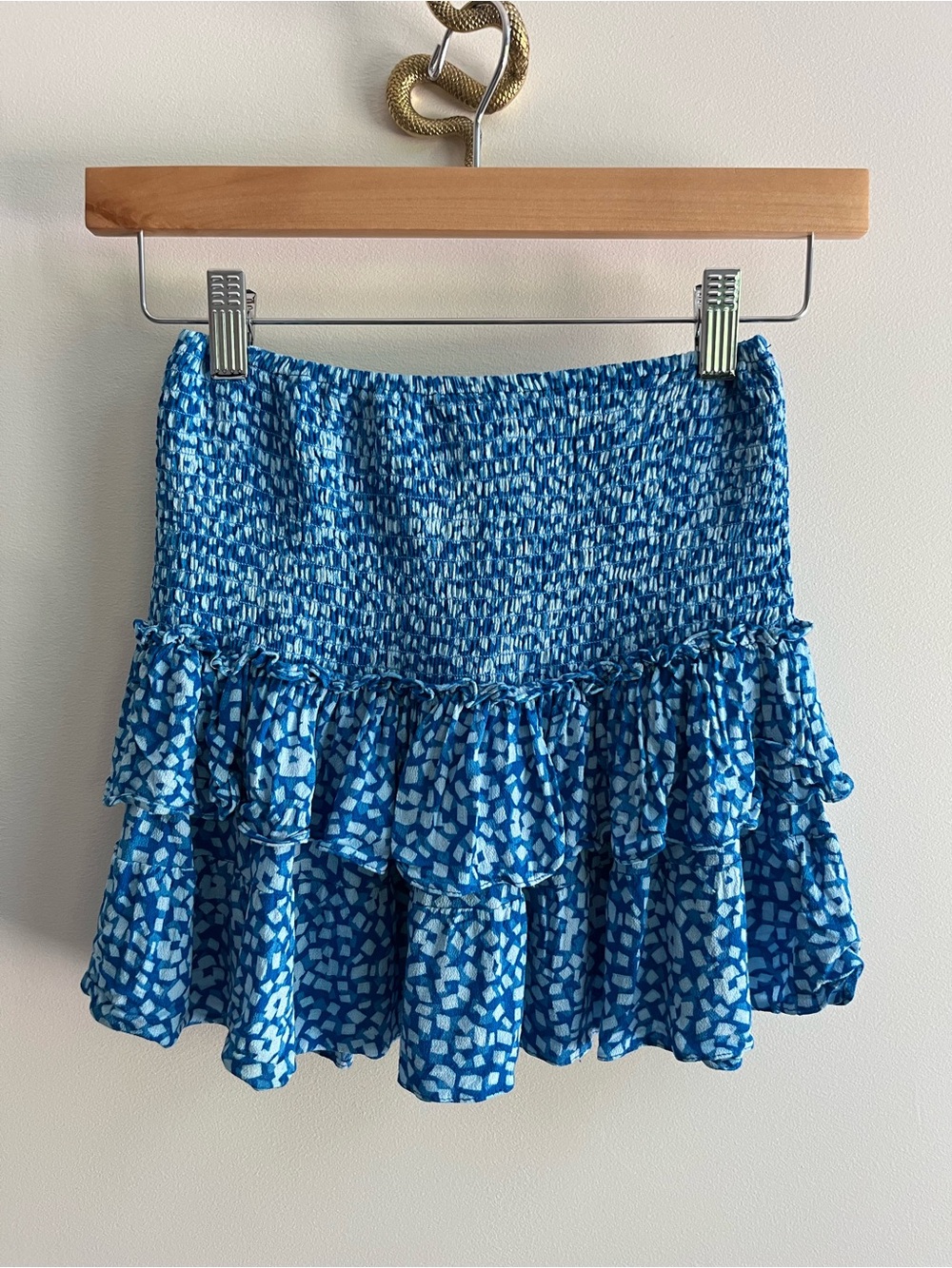 Skylar & Madison Geometric Printed Smocked Tiered Ruffle Mini Skirt Blue S